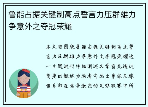 鲁能占据关键制高点誓言力压群雄力争意外之夺冠荣耀