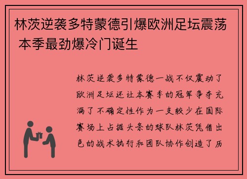 林茨逆袭多特蒙德引爆欧洲足坛震荡 本季最劲爆冷门诞生